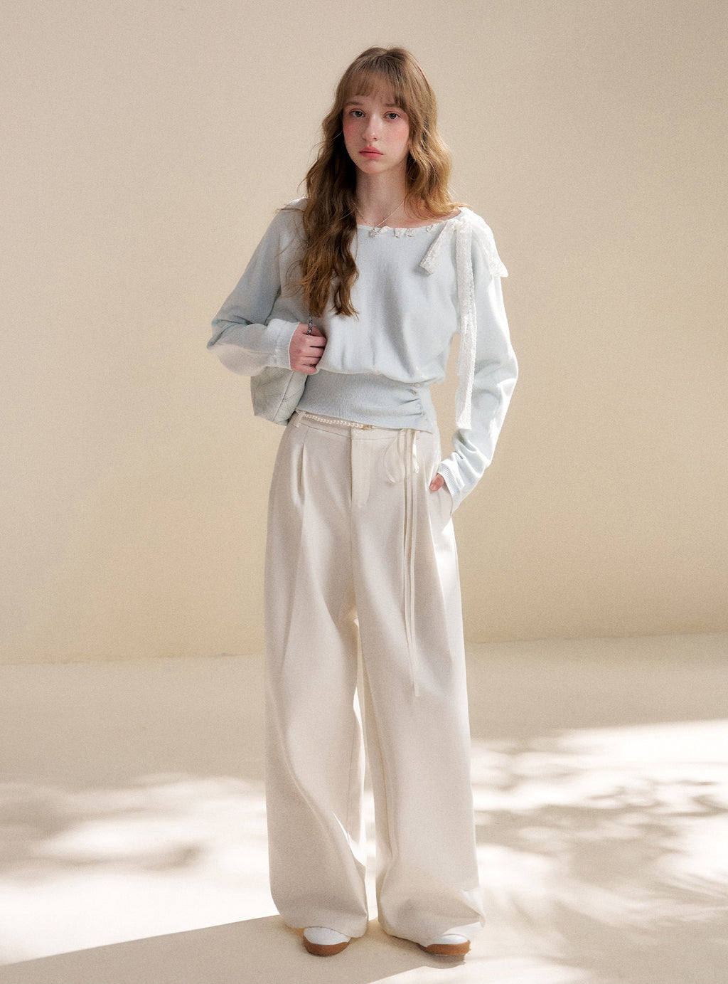 Lace Ribbon Asymmetric Neck Knit Top