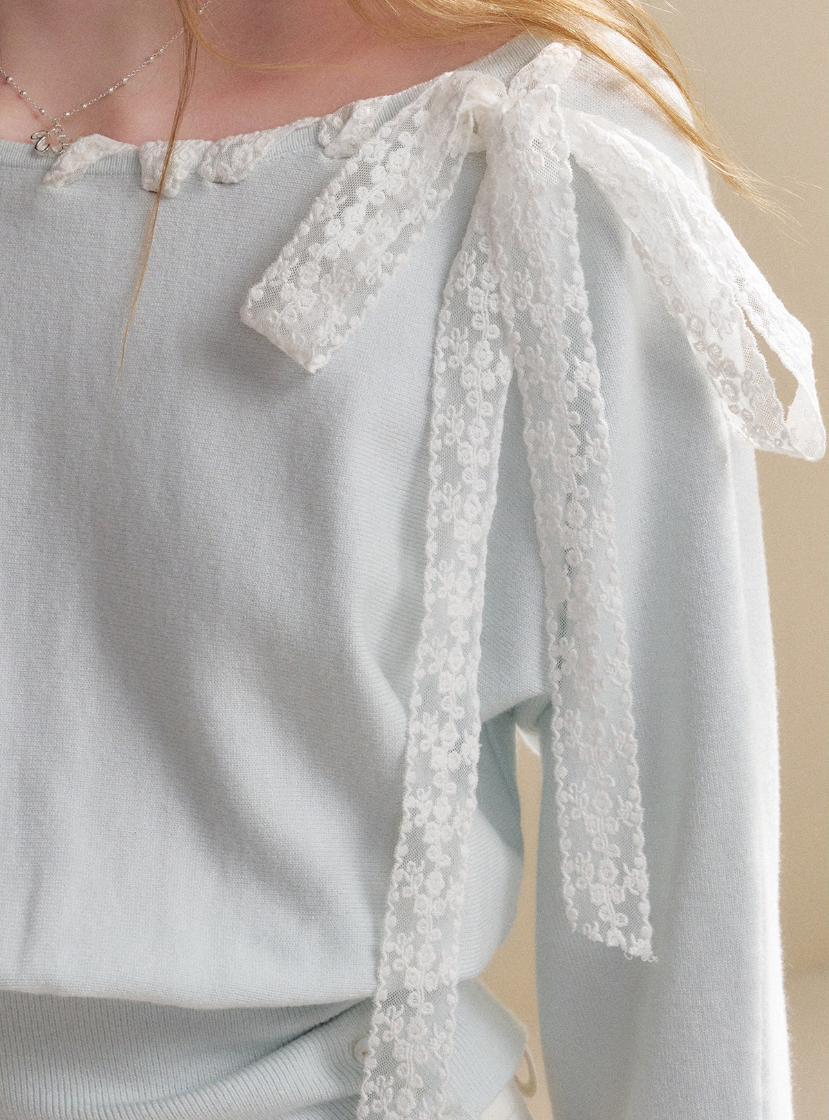 Lace Ribbon Asymmetric Neck Knit Top