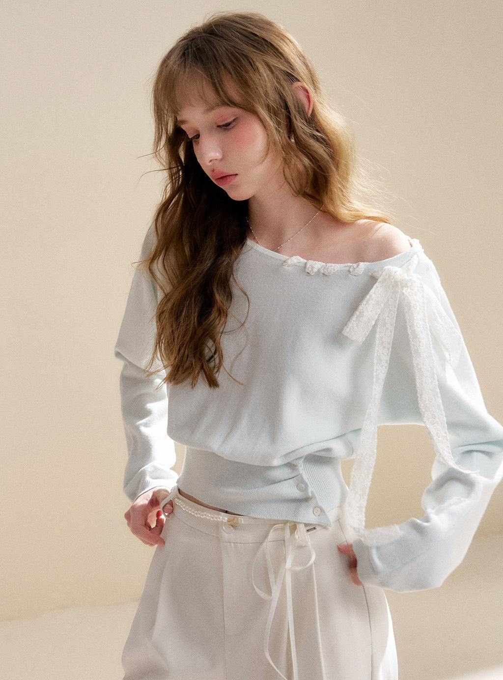 Lace Ribbon Asymmetric Neck Knit Top