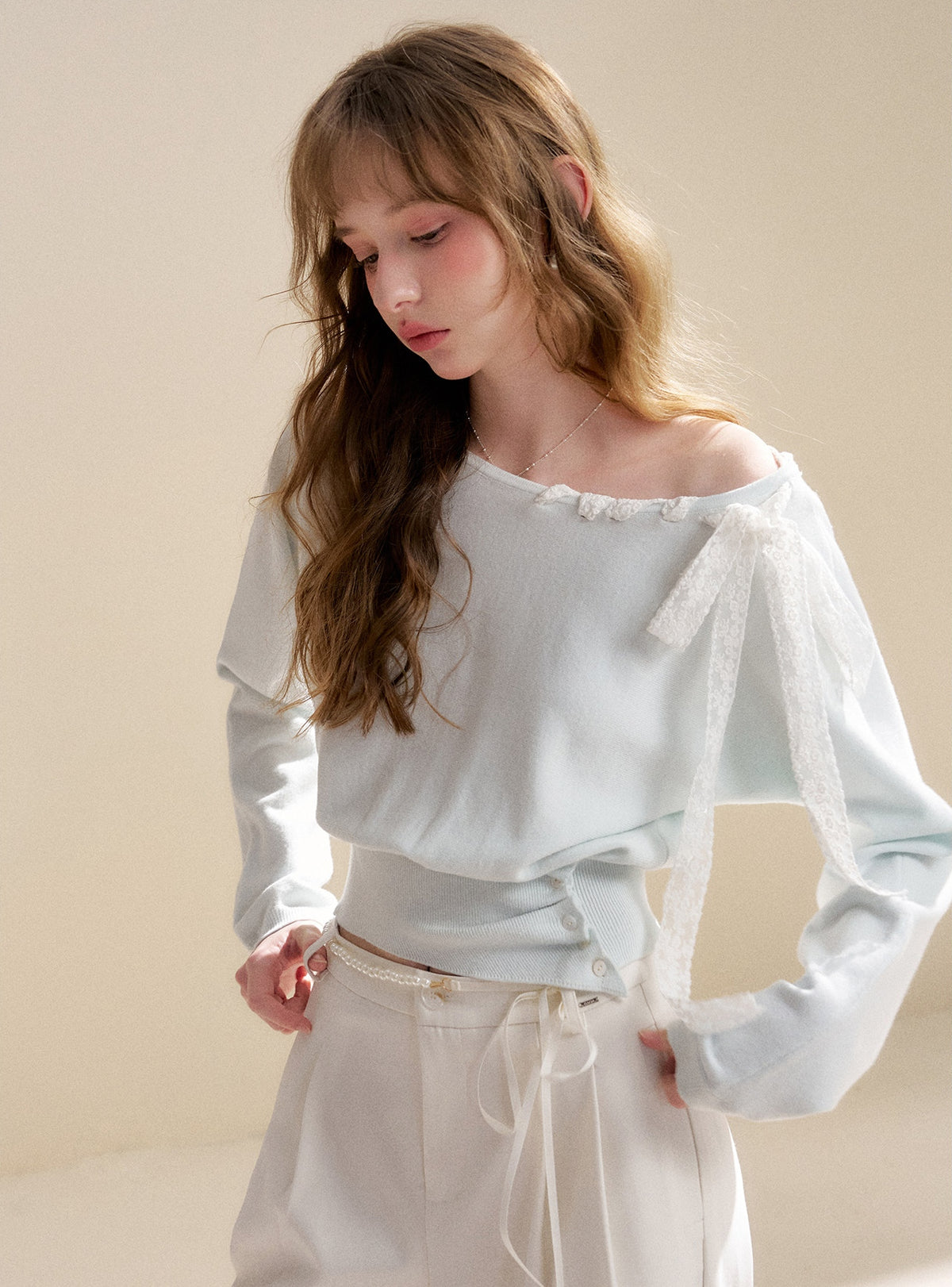Lace Ribbon Asymmetric Neck Knit Top
