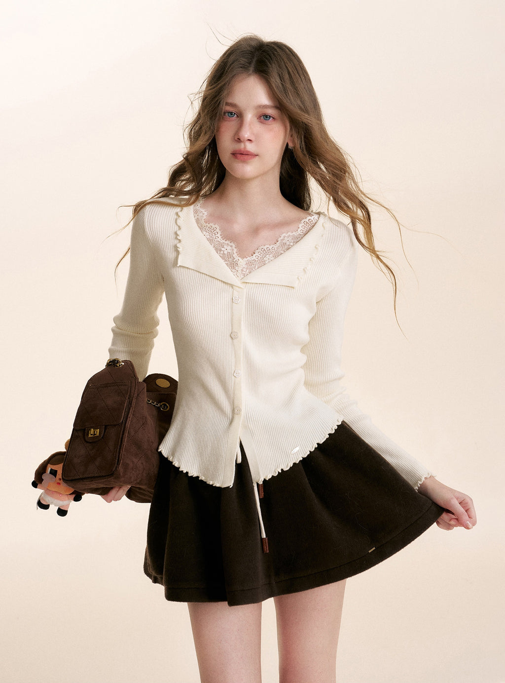 Lace Trimmed Collared Layered Knit Top