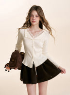 Lace Trimmed Collared Layered Knit Top