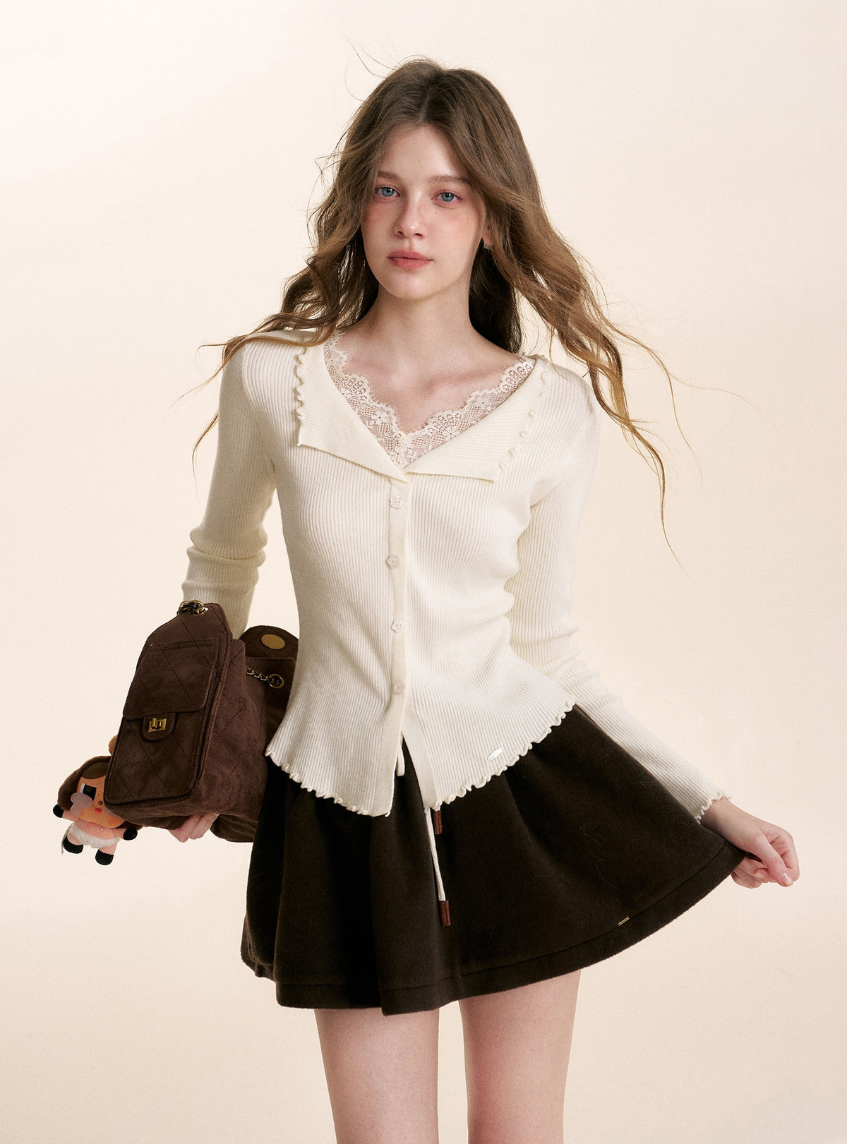 Lace Trimmed Collared Layered Knit Top