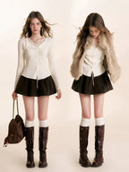 Lace Trimmed Collared Layered Knit Top