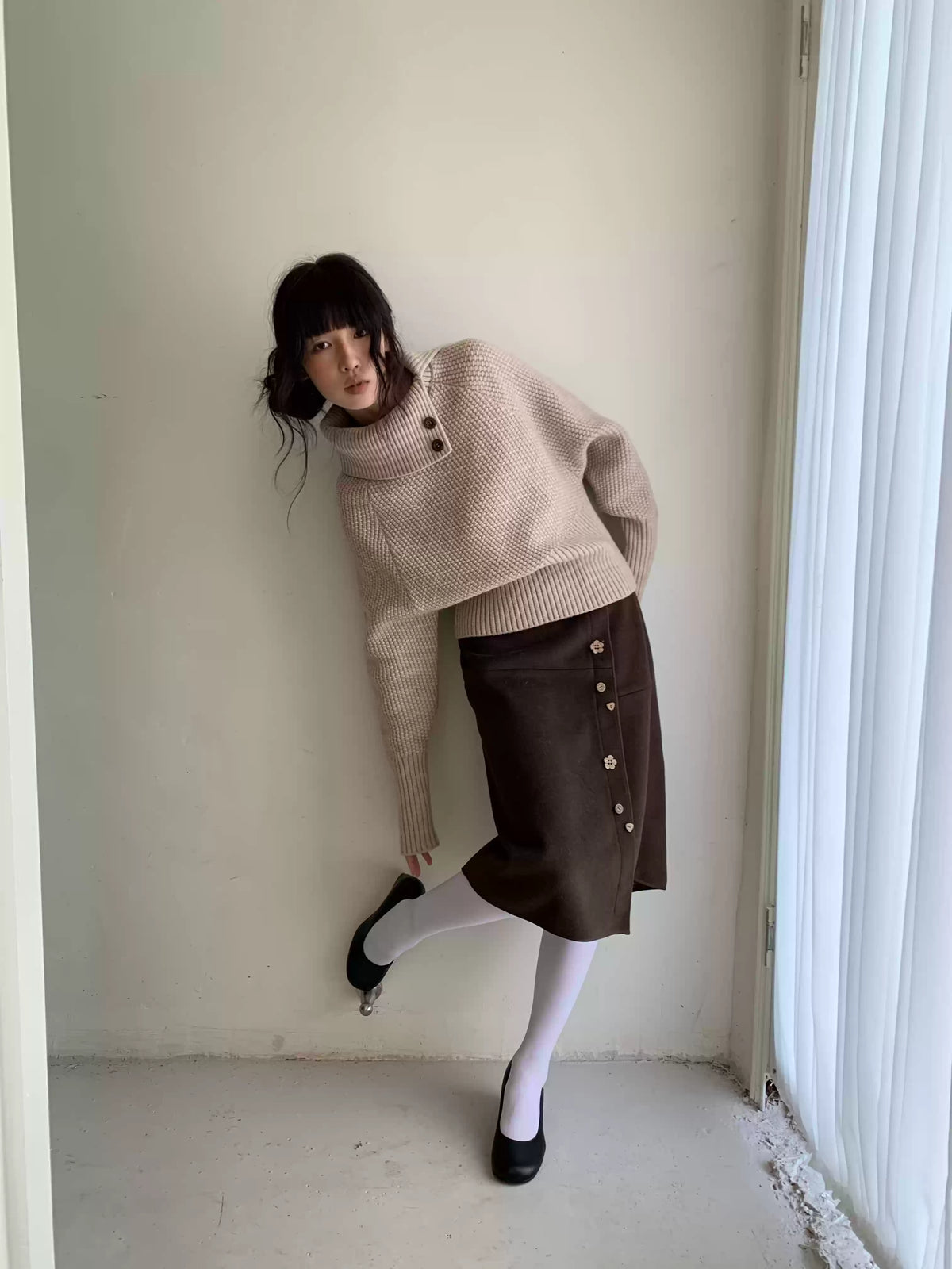 Vintage Brown Floral Button Midi Skirt