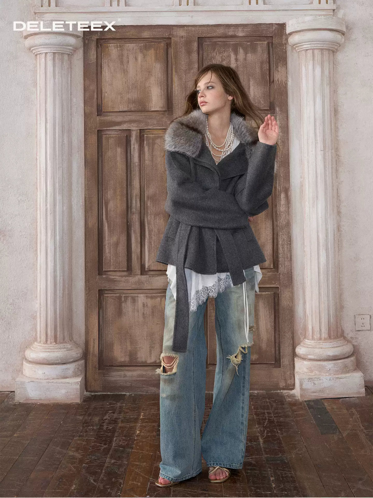 Double-Faced Wool Blend Coat with Oversized Fur Collar