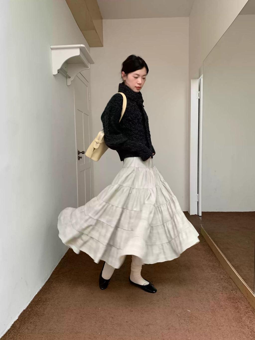Textured Tiered A-Line Midi Skirt