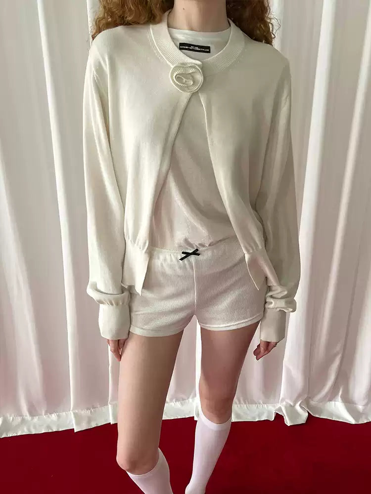 White Floral-Neckline Knit Cardigan