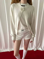 White Floral-Neckline Knit Cardigan