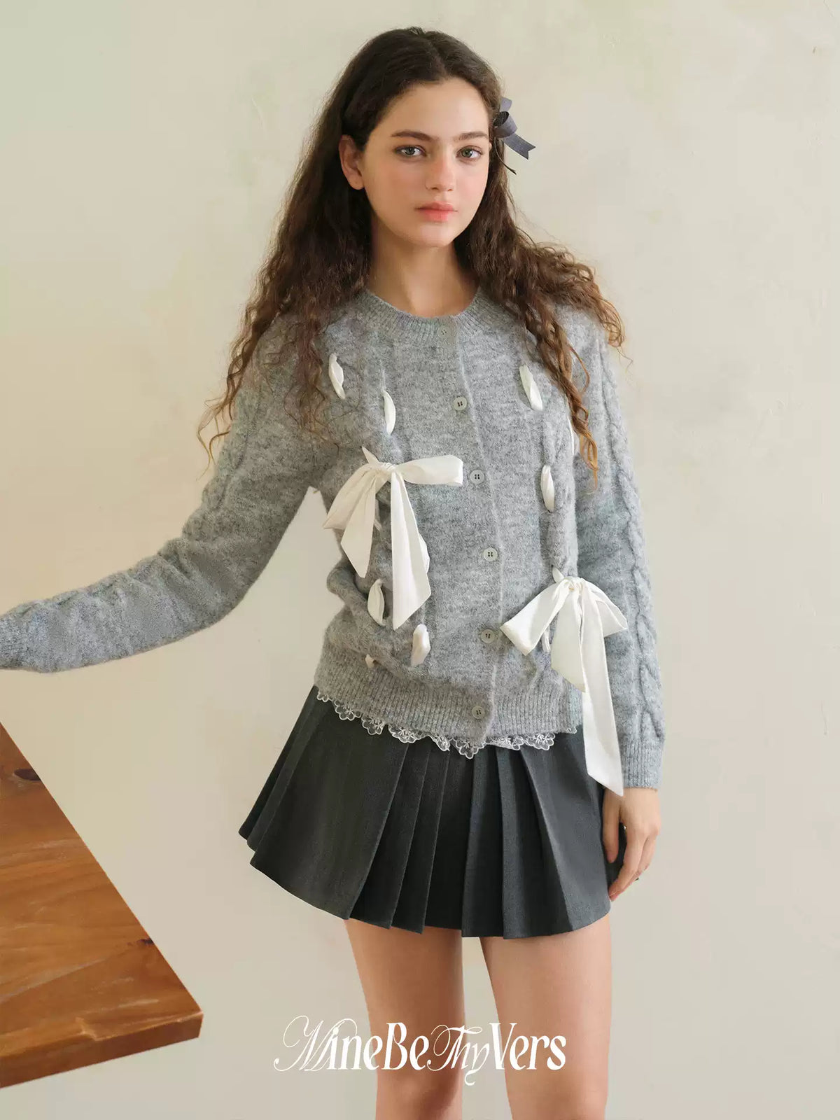 Gray Ribbon-Tie Wool-Blend Cardigan