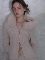 Hooded Cable Knit Zip Cardigan with Fur Collar