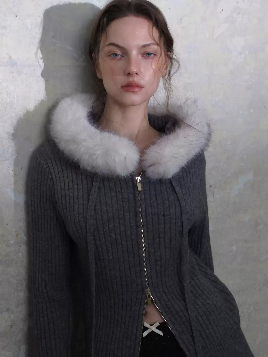 Hooded Cable Knit Zip Cardigan with Fur Collar