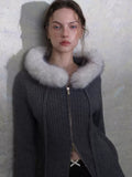 Hooded Cable Knit Zip Cardigan with Fur Collar