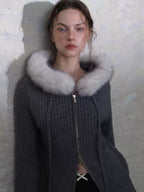 Hooded Cable Knit Zip Cardigan with Fur Collar