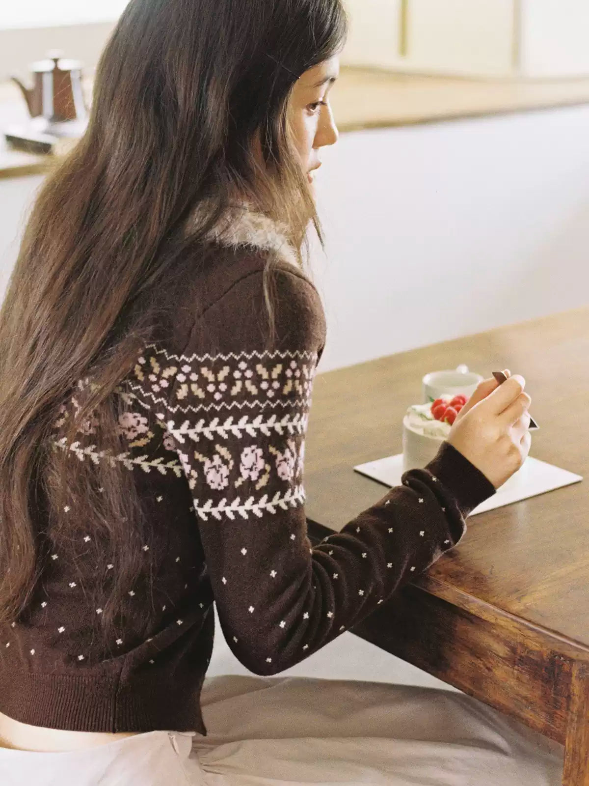 Pink and Coffee Rose Wool Blend Cardigan