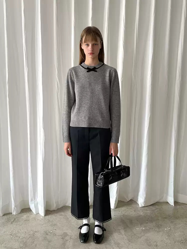 Gray Wool Neckline Bow Sweater