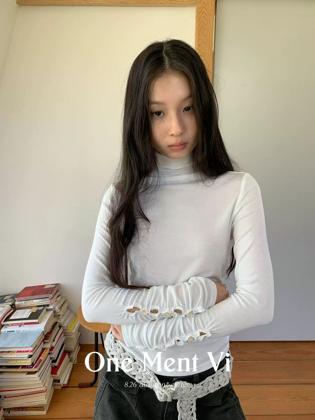 Soft Tencel Wool Blend Ruched Cuff Fitted Turtleneck Top