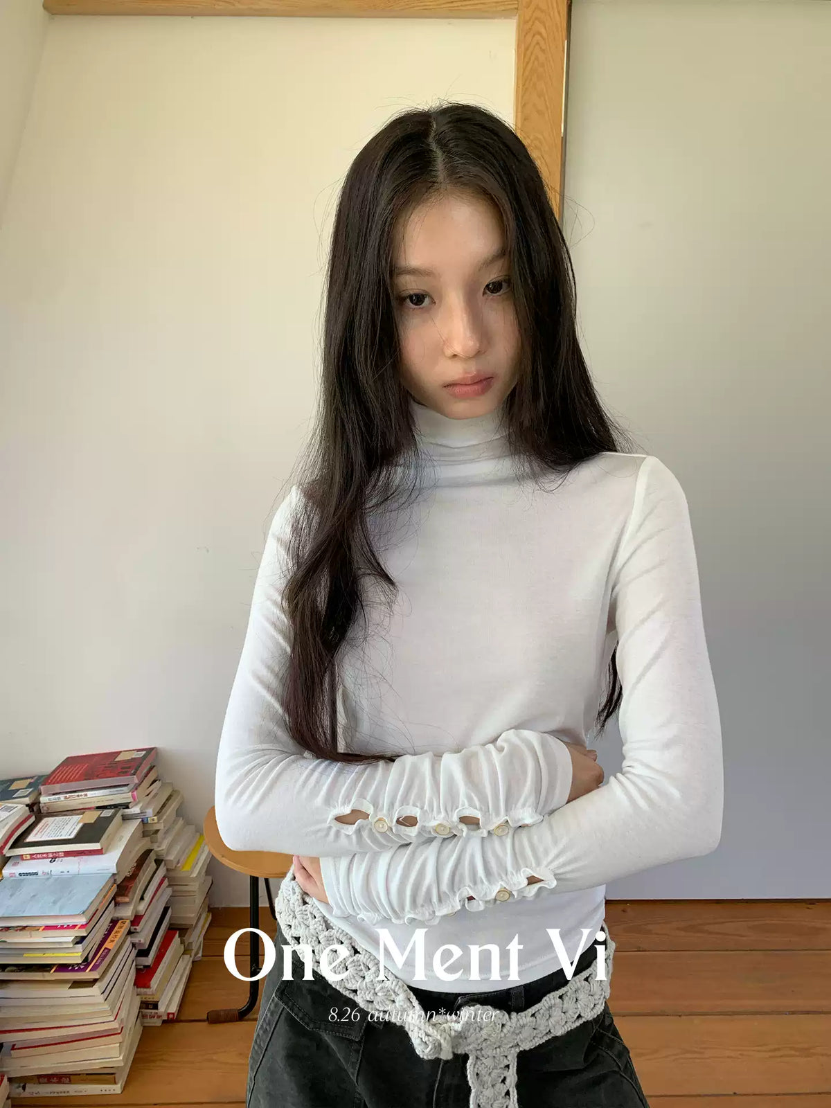 Soft Tencel Wool Blend Ruched Cuff Fitted Turtleneck Top