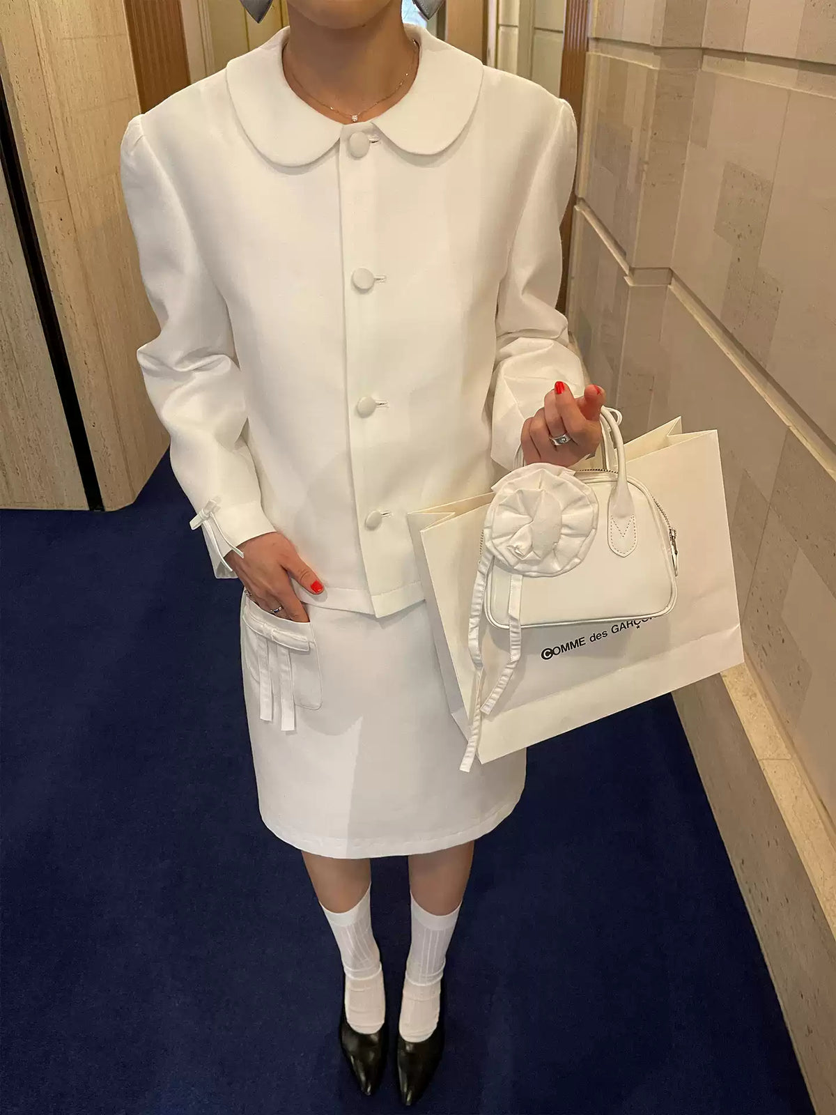 White Bow-Cuff Blazer