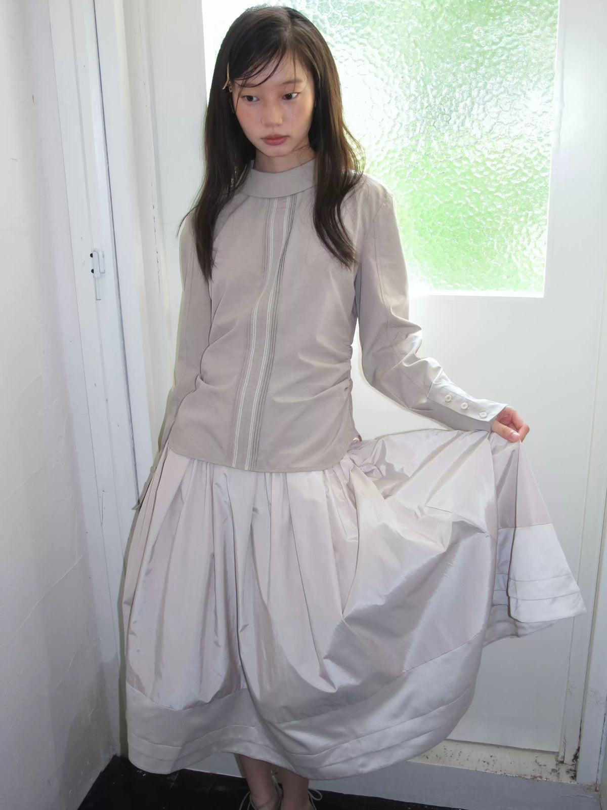 Pebble Gray Stand Collar Long Sleeve Blouse