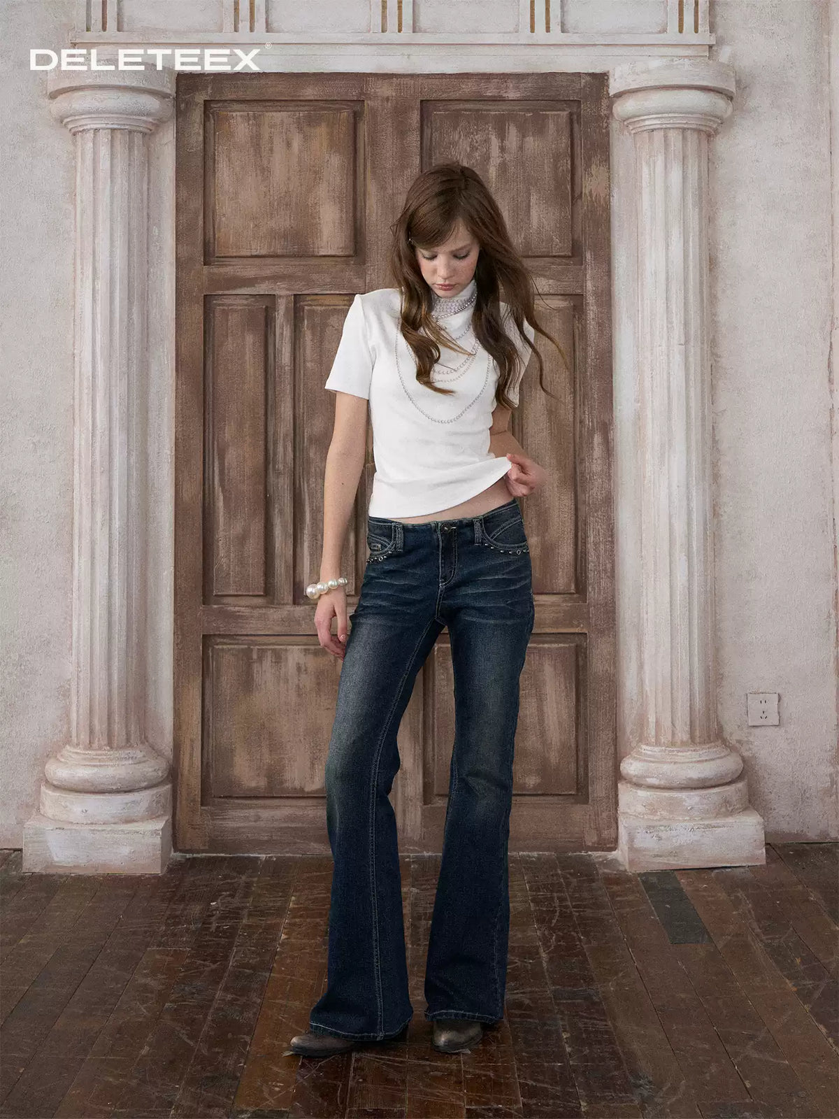 Pearl Necklace Mock Neck Short-Sleeve Knit Top