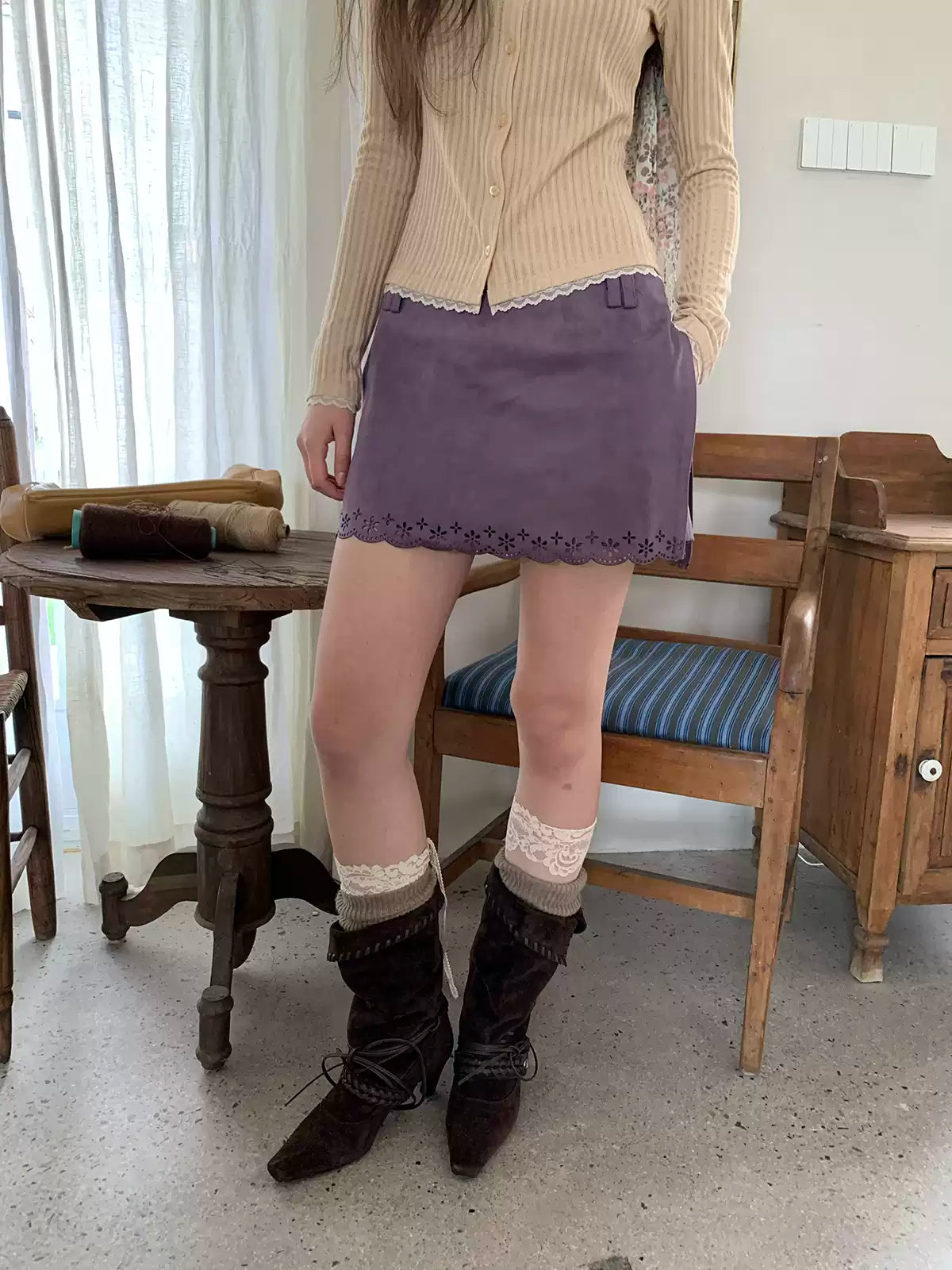 Smoky Purple Floral Faux Suede Mini Skort