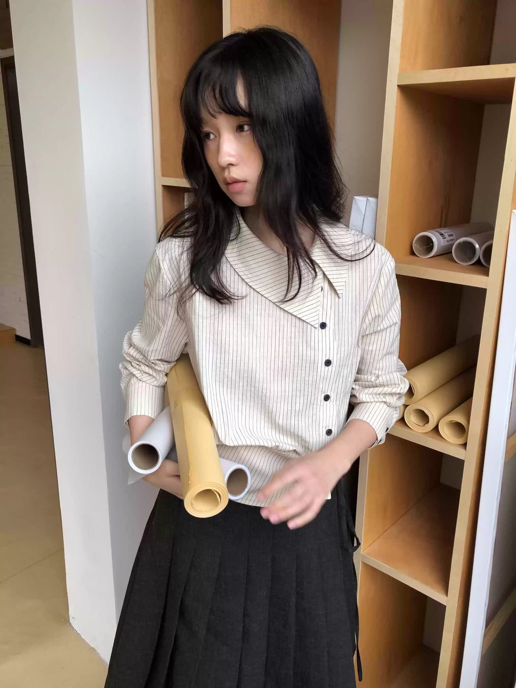 White Striped Asymmetric Cropped Shirt
