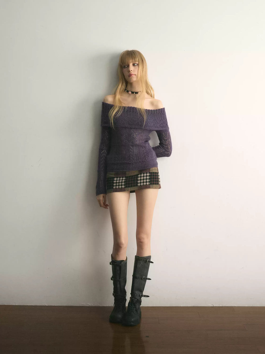Vivid Purple Off-Shoulder Openwork Knit Top