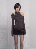Lace Panel Halter Neck Long-Sleeve Top