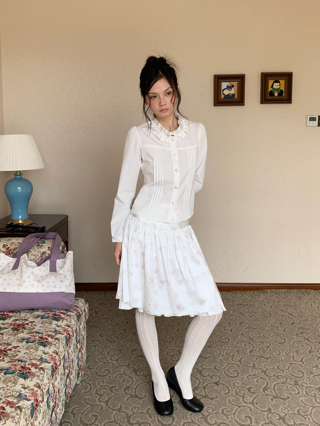 White Ruffle-Collar Blouse & Skirt Set