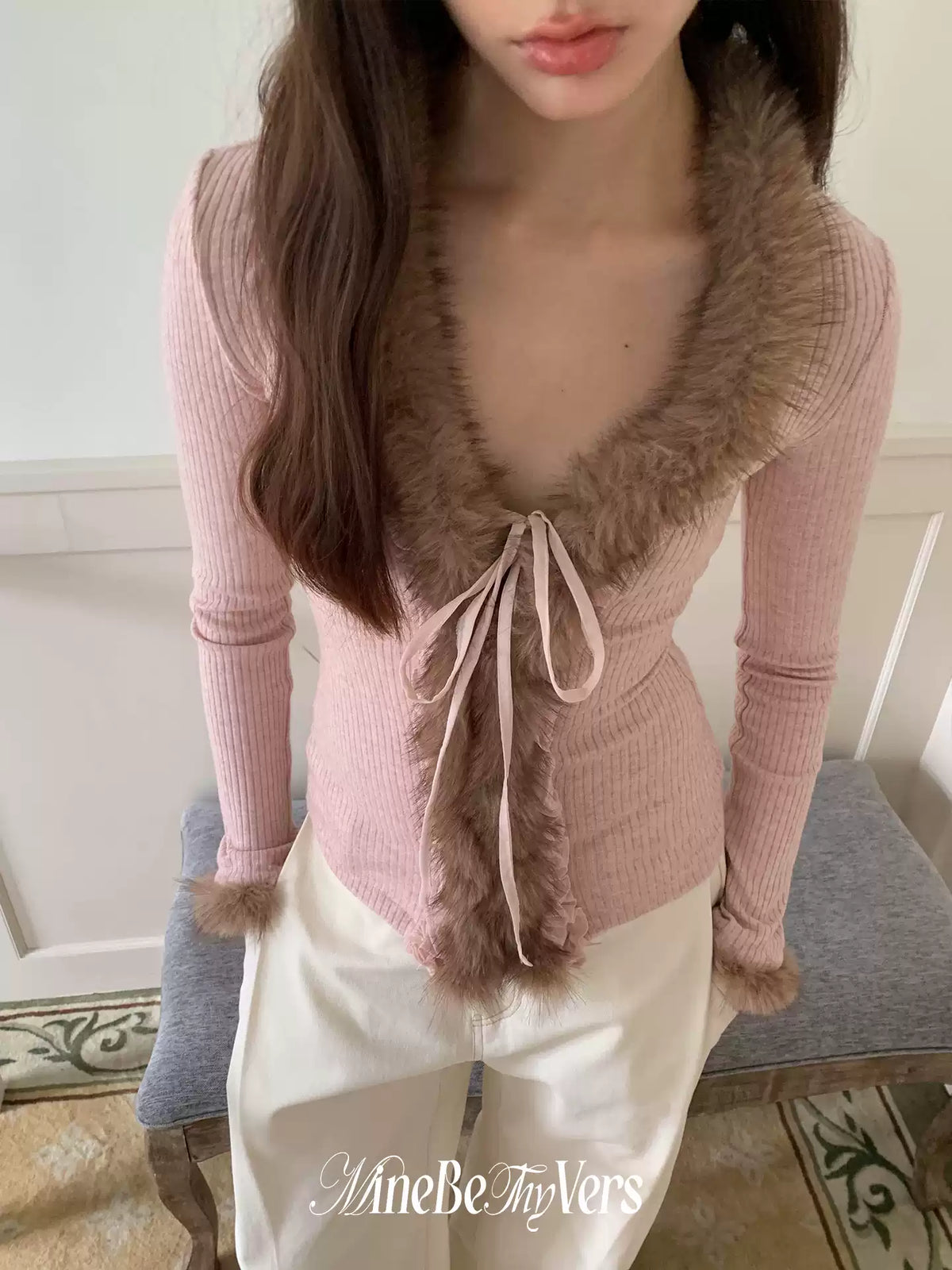 Pink Contrast Faux-Fur Trim Cardigan