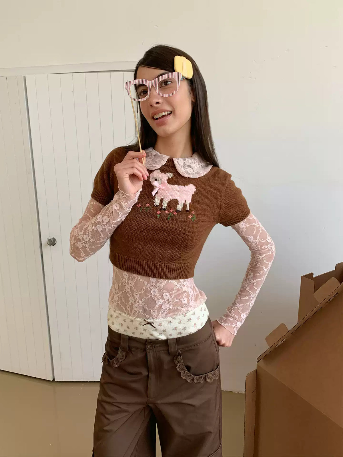 Retro Brown Rabbit Short-Sleeve Knit Top