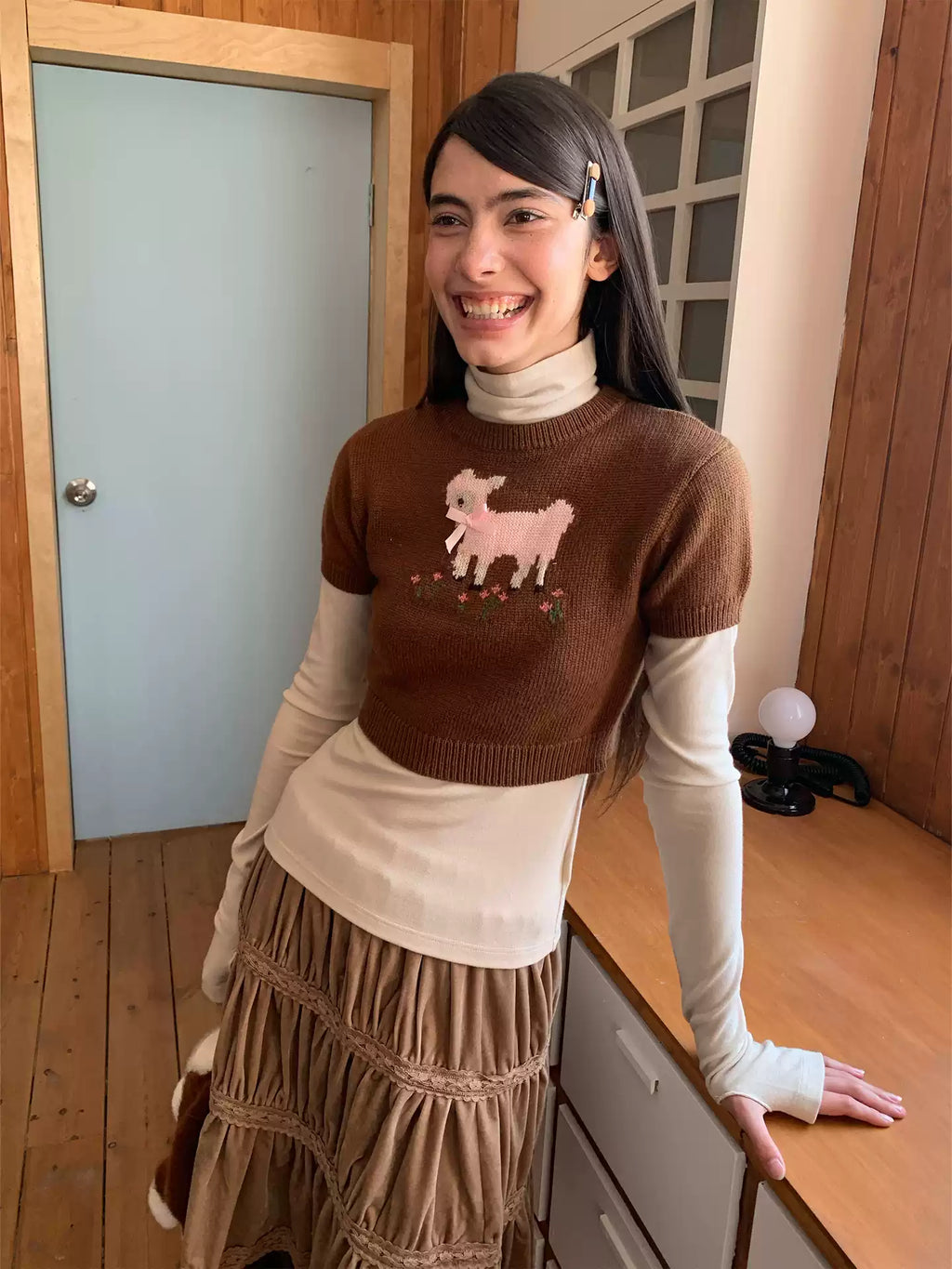 Retro Brown Rabbit Short-Sleeve Knit Top