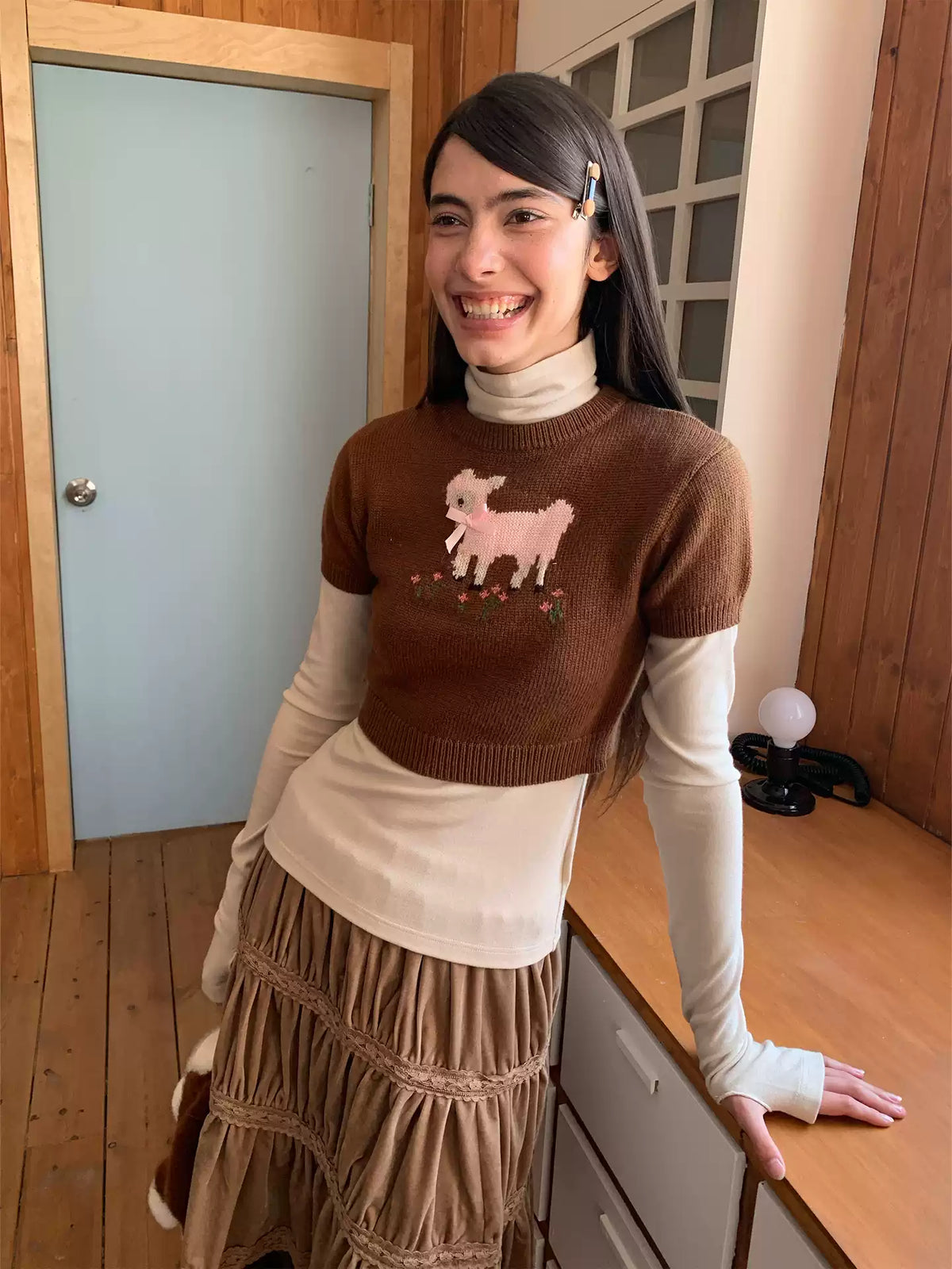 Retro Brown Rabbit Short-Sleeve Knit Top