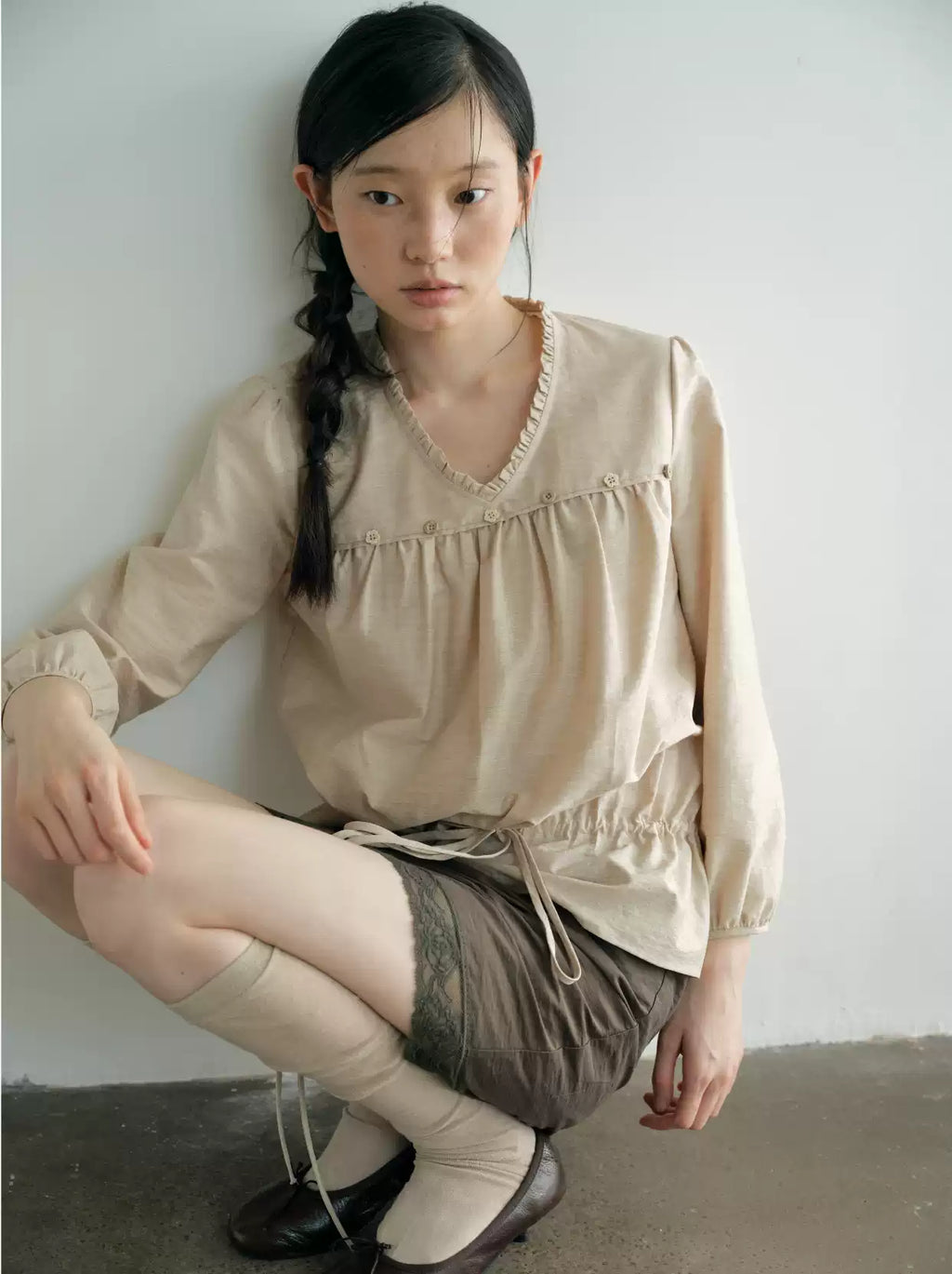 Relaxed V-Neck Tie Front Ruffle Blouse