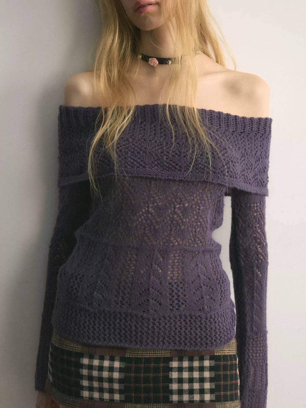 Vivid Purple Off-Shoulder Openwork Knit Top