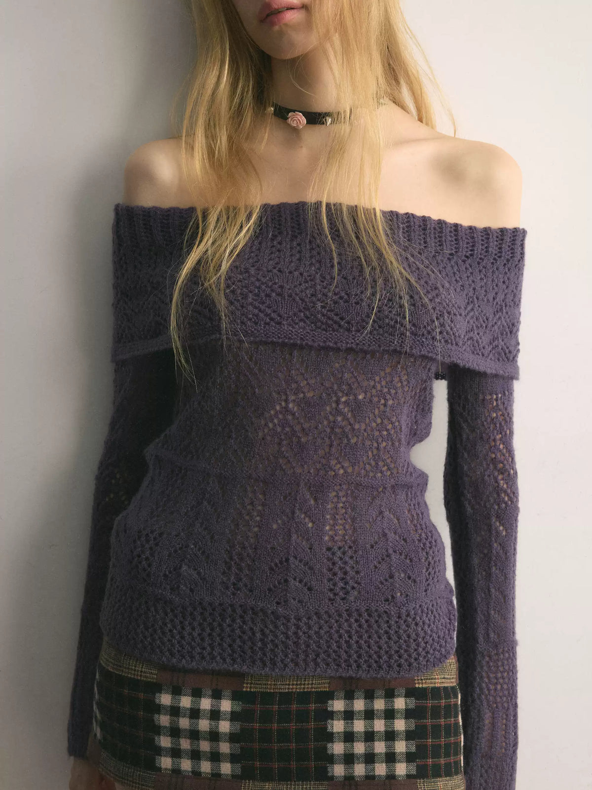 Vivid Purple Off-Shoulder Openwork Knit Top