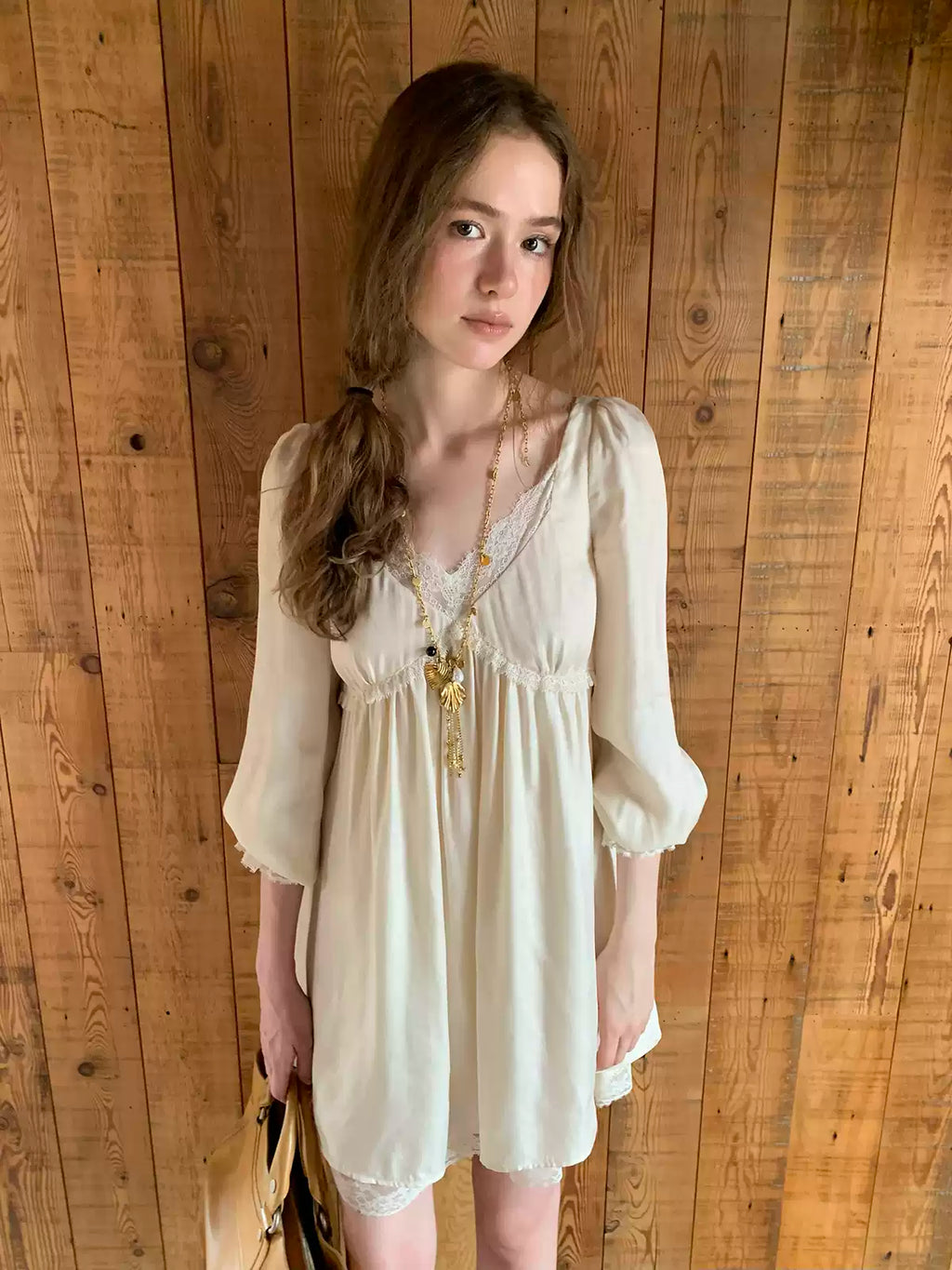 Champagne Lace Trim V-Neck Dress