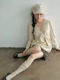 Vintage Lace Trim V-Neck Long Sleeve Blouse