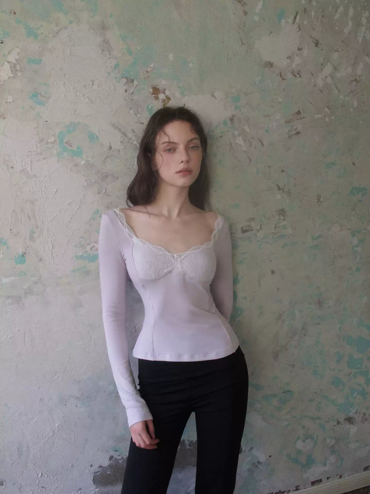 Lace Panel Fitted Long Sleeve Top