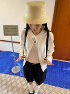 White Floral-Neckline Knit Cardigan