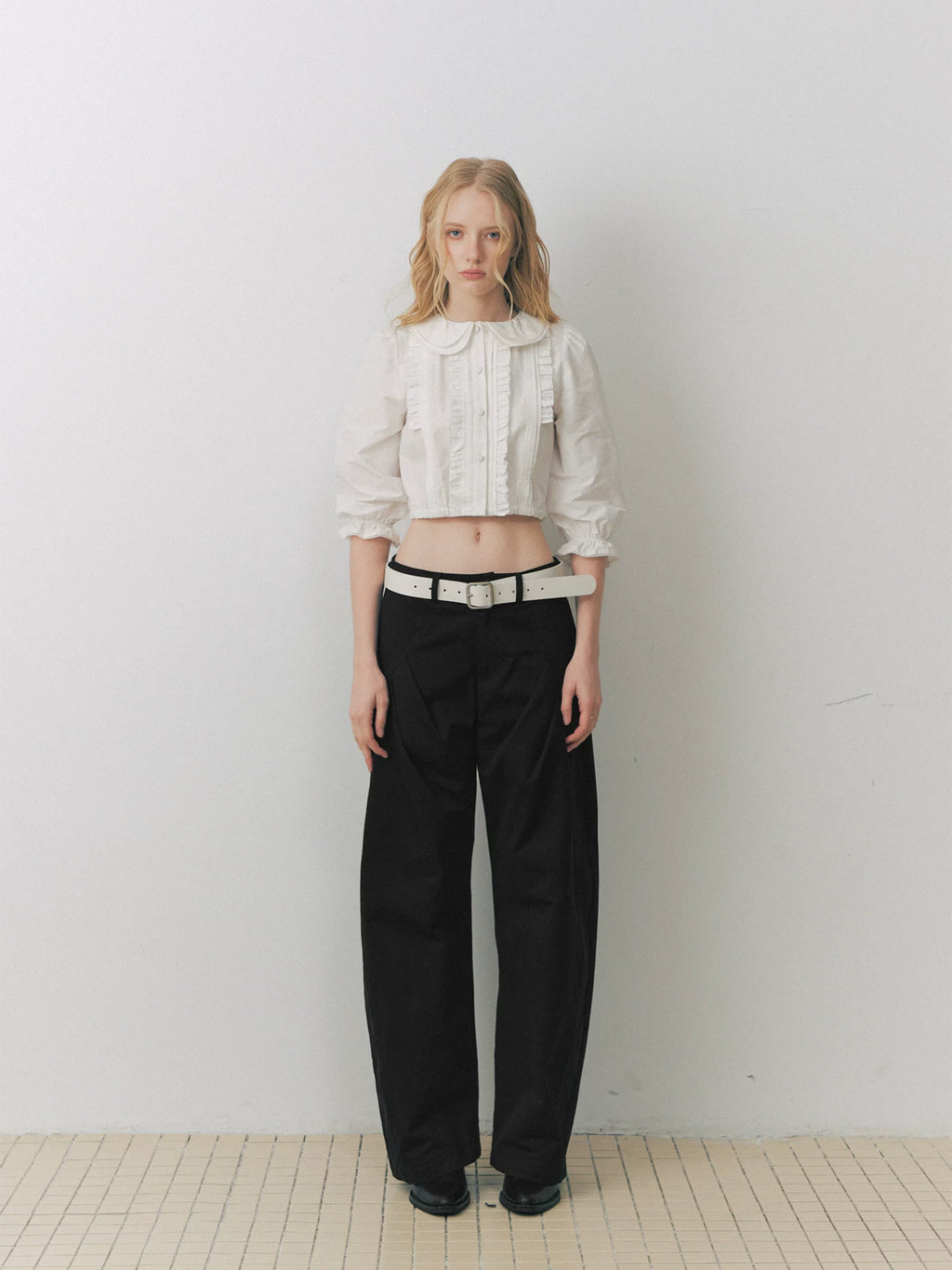Double Peter Pan Collar Pleated Cropped Blouse