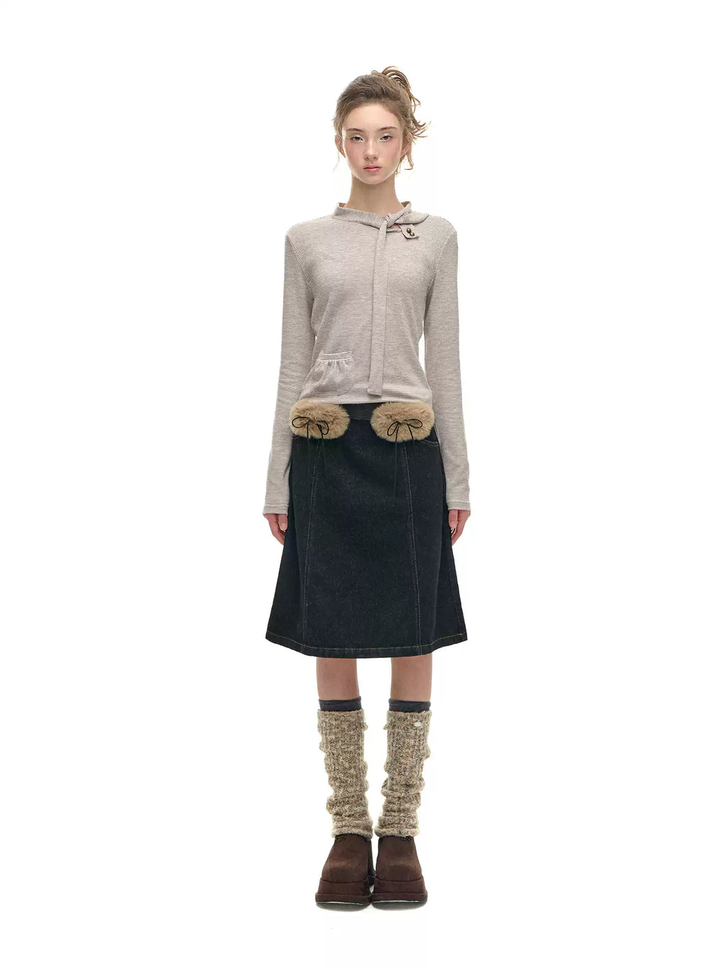 Denim Skirt with Furry Belt