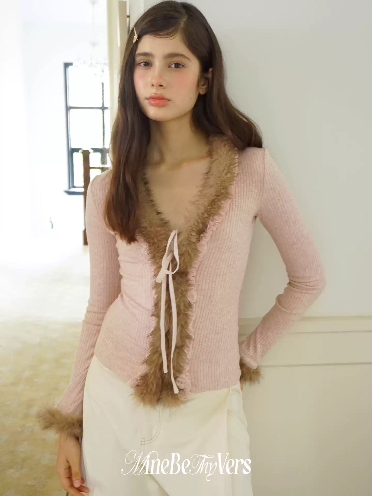 Pink Contrast Faux-Fur Trim Cardigan