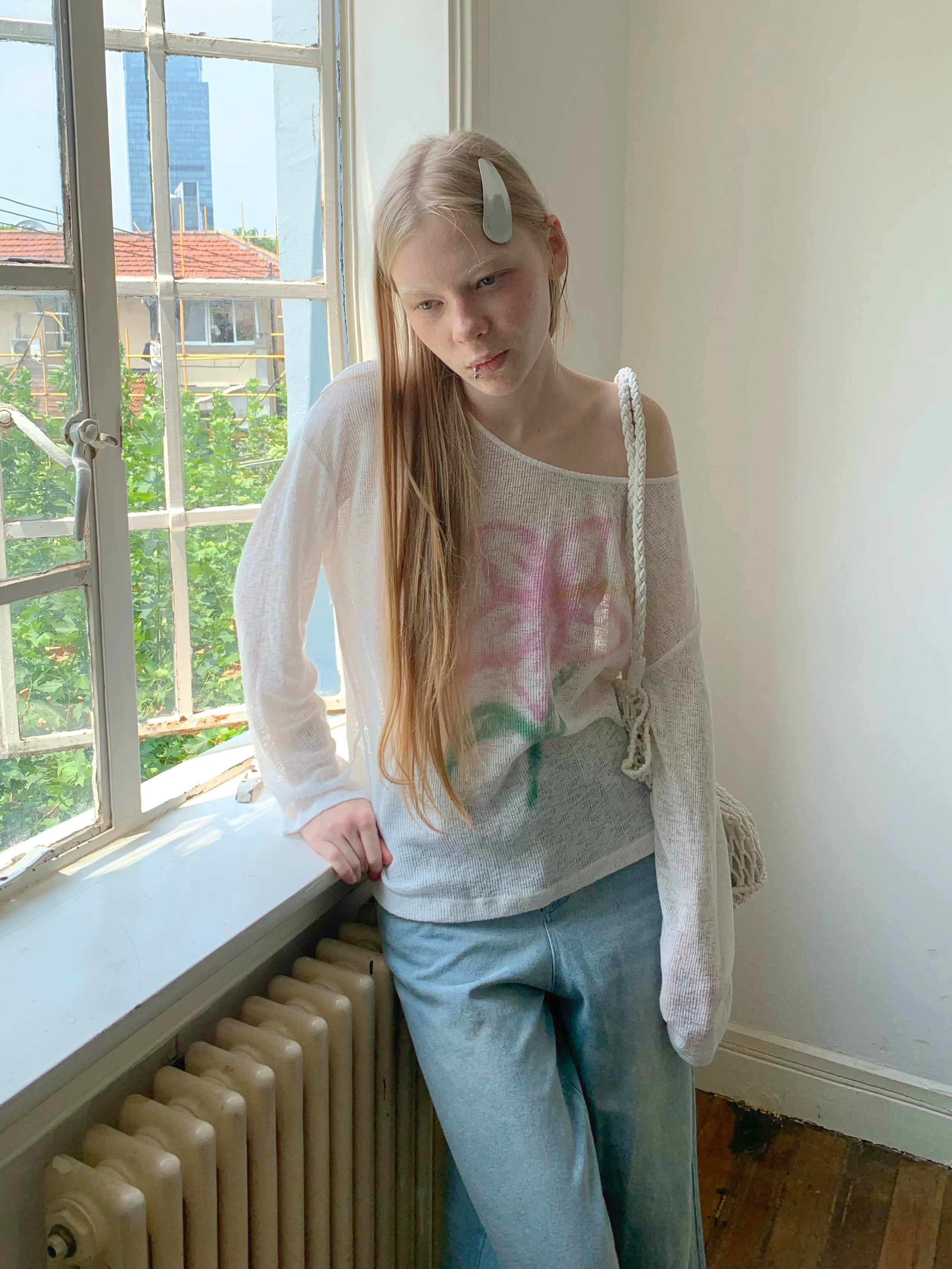 SOOMIE Sheer Floral Off-Shoulder Top