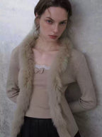 Rib Knit Fitted Cardigan with Fur Trim