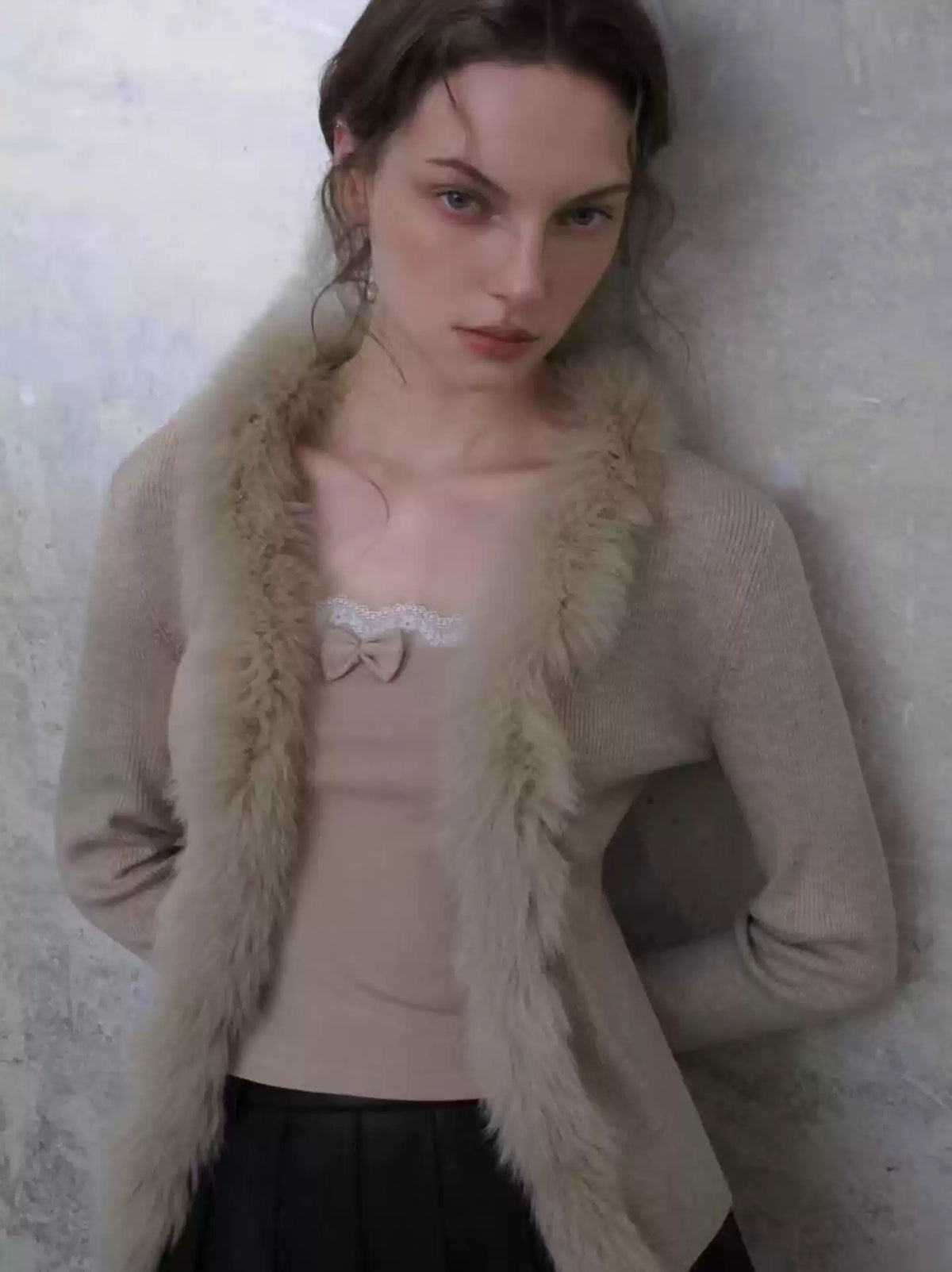 Rib Knit Fitted Cardigan with Fur Trim