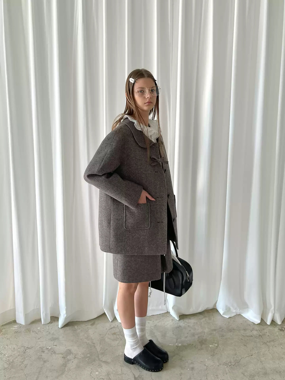 Wool-Blend Collar Bow Long Coat