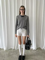 Gray Wool Neckline Bow Sweater