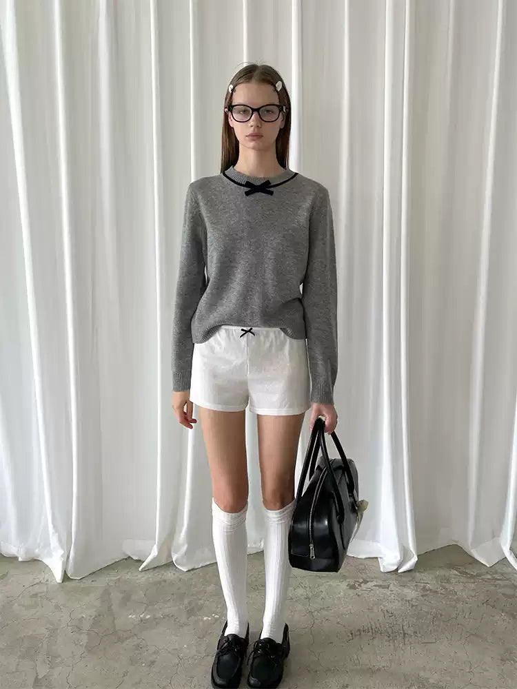 Gray Wool Neckline Bow Sweater